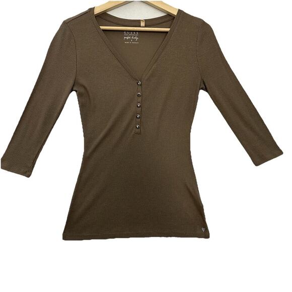 Guess Ribbed Henley Top Womens S Brown Metallic Shimmer V Neck Y2K Mean Girls - Picture 1 of 11